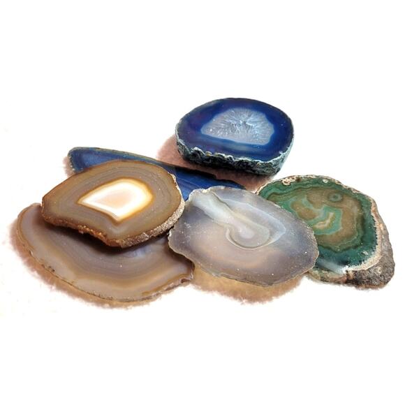 6 Pc Agate Slices Lot Stone Banded Blue Green Gray Tan Paperweight Brazilian - Picture 4 of 8